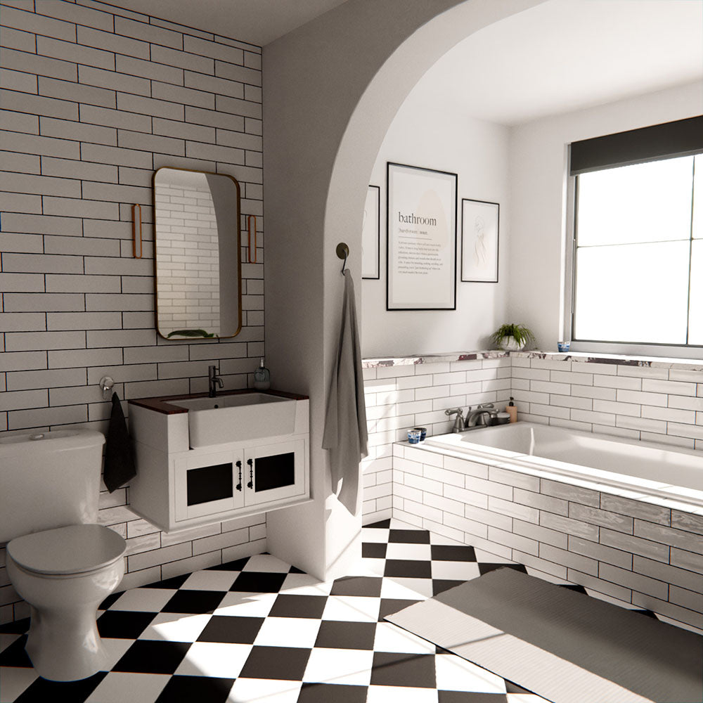Nairobi gloss white handmade-effect tiles styled in a bathroom setting, featuring a brick-laid wall design paired with a built-in bath, black and white patterned floor tiles, and soft natural light.