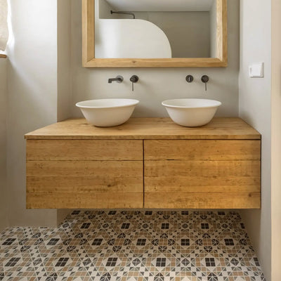 Bathroom interior featuring Abbey Marina PLUS 28×28cm Victorian-style patterned porcelain mosaic floor tiles.