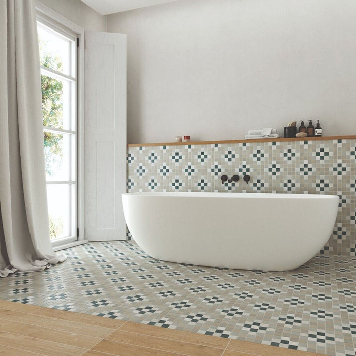 Bathroom interior featuring Abbey Board 28×28cm Victorian-style patterned porcelain mosaic floor tiles in a soft neutral colour palette.