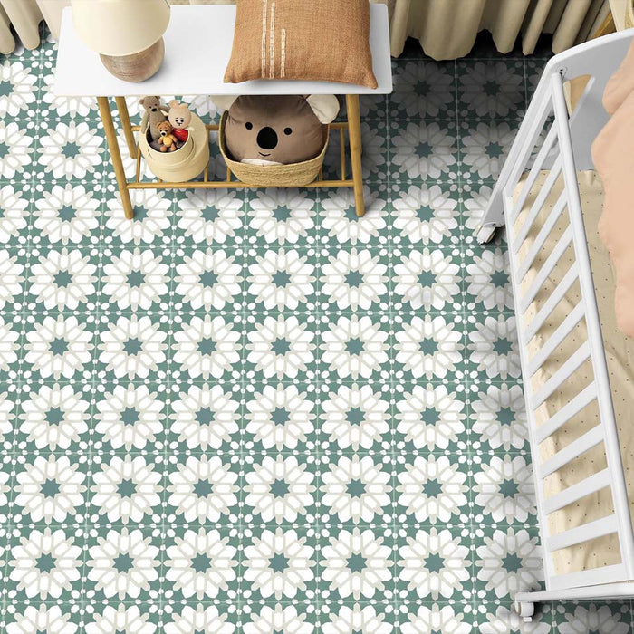 Bedroom floor featuring Souk Green D 20×20cm Moroccan-style porcelain tiles with a green and white geometric pattern.