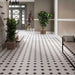 Hallway featuring Belvoir Black 33 × 33cm Victorian style porcelain floor tiles, creating a classic geometric pattern with black and white contrast. Paired with neutral walls and traditional details for a timeless, elegant finish.