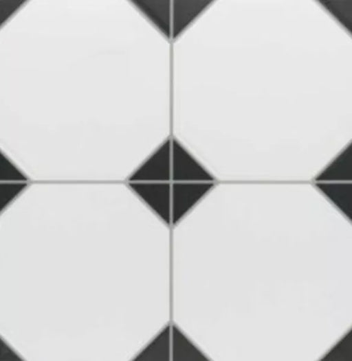 Close-up of Belvoir Black 33 × 33cm Victorian style porcelain floor tiles, showcasing a classic black and white geometric pattern with octagonal shapes and inset details for a timeless, decorative finish.