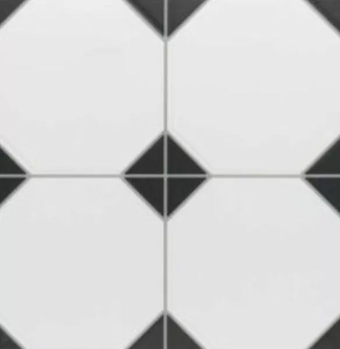 Close-up of Belvoir Black 33 × 33cm Victorian style porcelain floor tiles, showcasing a classic black and white geometric pattern with octagonal shapes and inset details for a timeless, decorative finish.