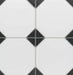 Close-up of Belvoir Black 33 × 33cm Victorian style porcelain floor tiles, showcasing a classic black and white geometric pattern with octagonal shapes and inset details for a timeless, decorative finish.