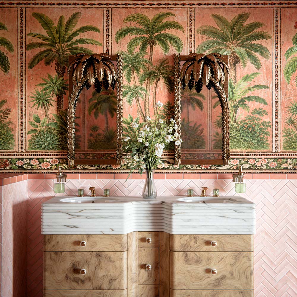 Bathroom featuring Benomar Pink Moroccan Mini Brick Matt 5x15cm wall tiles in a herringbone layout, styled with tropical palm wallpaper, carved wood mirrors, and marble-effect basins for a luxurious eclectic interior.