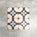 Four London Streets Berlin Street 20x20cm Victorian Moroccan style porcelain tiles arranged together to showcase the repeating geometric star pattern in burgundy, soft blue and cream tones inspired by traditional Victorian style decorative floor tiles.