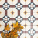Group of London Streets Berlin Street 20x20cm Victorian Moroccan style porcelain tiles arranged to display the repeating geometric star pattern in burgundy, soft blue and cream tones, styled with autumn leaves in a decorative flat-lay setting.
