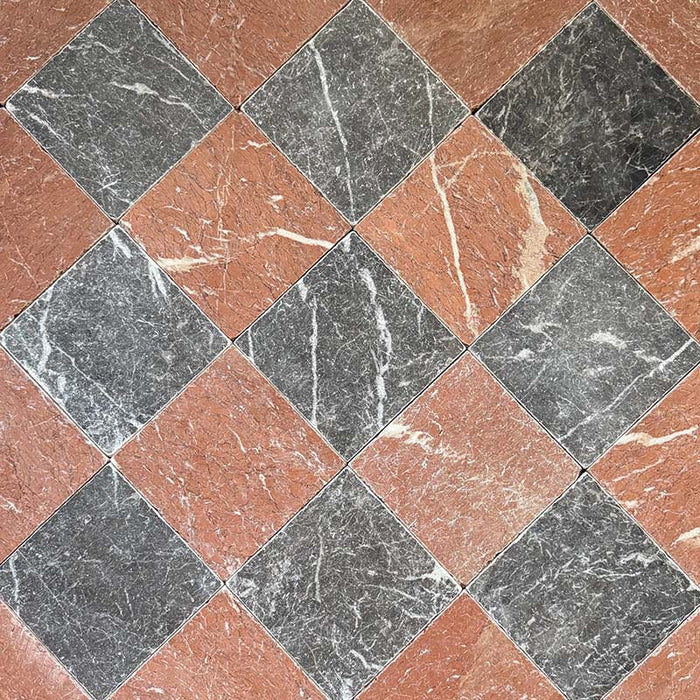 Chequerboard layout featuring Fayrouz Black 15.2x15.2cm natural marble tiles with a tumbled finish, paired with Rosso marble tiles, installed diagonally to create a warm, high-contrast floor with rich natural veining.