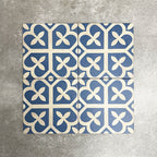 Ivy Blue Victorian Moroccan style 20x20cm patterned tiles, shown as four tiles together to highlight the repeating blue and white geometric pattern.