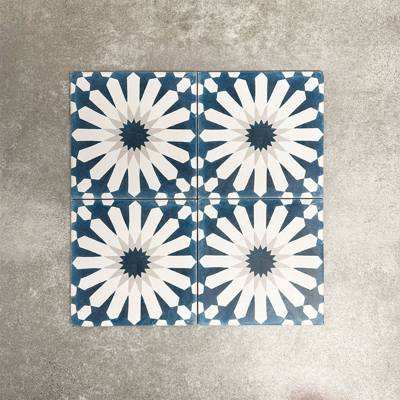 Souk Blue B 20×20cm Moroccan-style porcelain tiles arranged in a blue, white and grey geometric pattern.