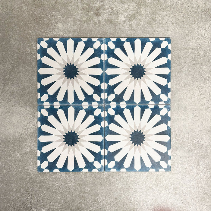 Souk Blue B 20×20cm Moroccan-style porcelain tiles arranged in a blue, white and grey geometric pattern.