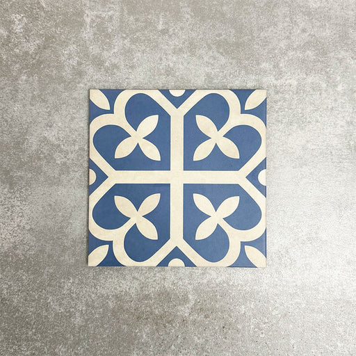 Ivy Blue Victorian Moroccan style 20x20cm patterned tile, shown as a single tile highlighting the blue and white geometric design.