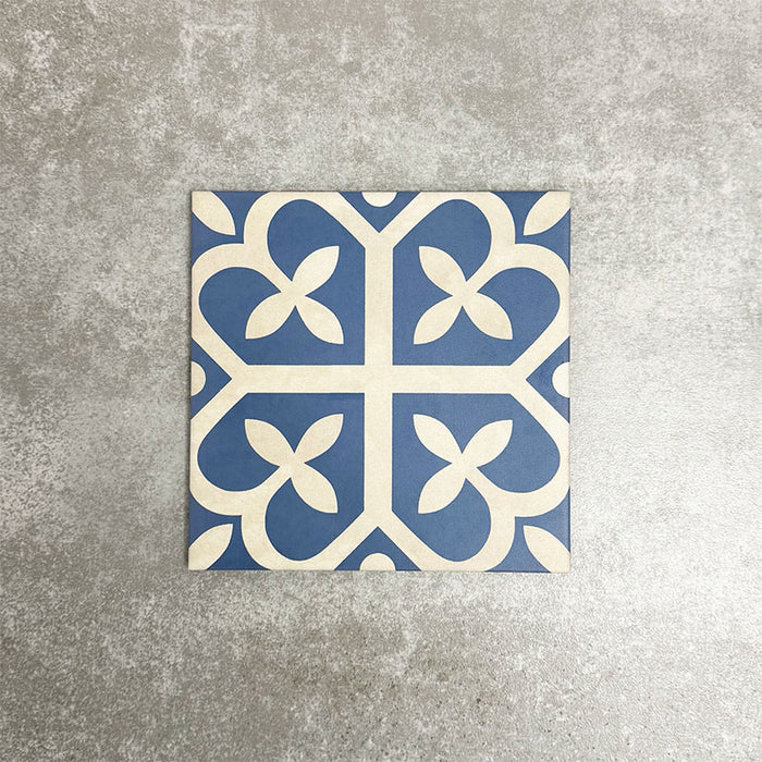Ivy Blue Victorian Moroccan style 20x20cm patterned tile, shown as a single tile highlighting the blue and white geometric design.