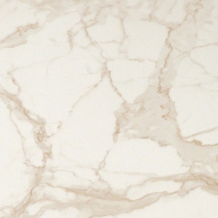 Close-up of Calacatta Oro Complement 60 × 60cm porcelain tile, highlighting a soft white base with delicate gold veining and a refined marble effect, designed to bring light and elegance to contemporary interiors.