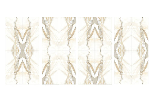 Set of Calacatta Oro Marble Book Matched A & B 60 × 120cm porcelain tiles, displaying multiple mirrored layout options with flowing gold and soft grey veining, designed to create striking symmetrical feature walls.