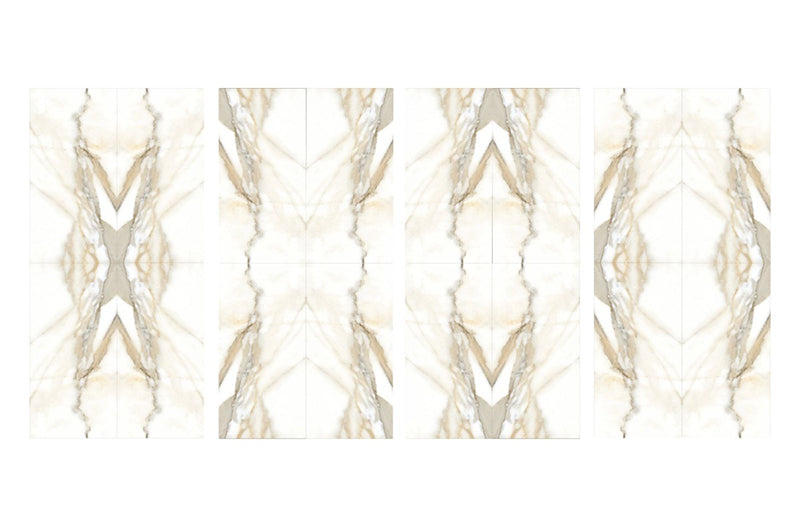 Set of Calacatta Oro Marble Book Matched A & B 60 × 120cm porcelain tiles, displaying multiple mirrored layout options with flowing gold and soft grey veining, designed to create striking symmetrical feature walls.