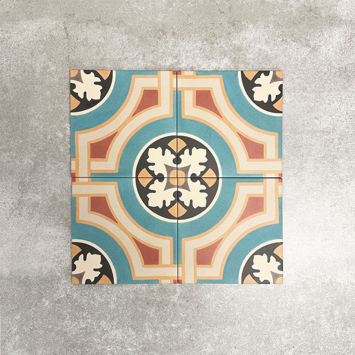 Four London Streets Carnegie Hall 20x20cm Victorian Moroccan style porcelain tiles arranged together to display the repeating geometric pattern in teal, cream, terracotta and black tones, inspired by traditional decorative Victorian floor tile layouts.