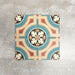 Four London Streets Carnegie Hall 20x20cm Victorian Moroccan style porcelain tiles arranged together to display the repeating geometric pattern in teal, cream, terracotta and black tones, inspired by traditional decorative Victorian floor tile layouts.