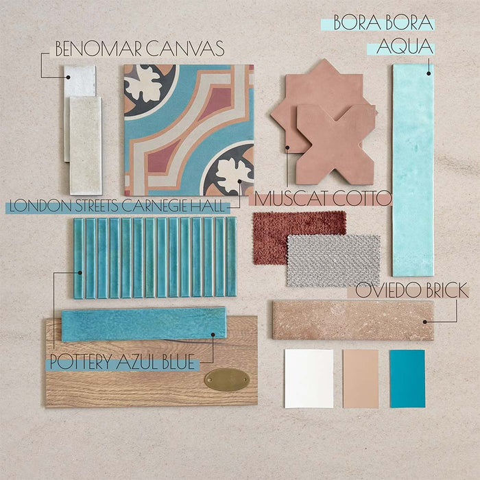 Moodboard featuring a curated mix of patterned and plain tiles including London Streets Carnegie Hall, Bora Bora Aqua, Muscat Cotto, and Oviedo Brick, paired with textures, fabrics, and wood accents in a warm, design-led palette.