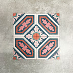 Four London Streets Conduit Street 20x20cm Victorian Moroccan style porcelain tiles arranged together to showcase the repeating pink, teal and terracotta geometric pattern inspired by traditional Victorian style decorative floor tiles.