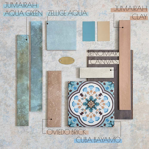 Moodboard featuring Cuba Bayamo patterned tiles, Zellige Aqua Moroccan-style tiles, Jumairah Aqua Green and Clay, Benomar Canvas, and Oviedo Brick, paired with wood, brass accents, and warm neutral and blue-green tones.
