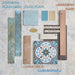 Moodboard featuring Cuba Bayamo patterned tiles, Zellige Aqua Moroccan-style tiles, Jumairah Aqua Green and Clay, Benomar Canvas, and Oviedo Brick, paired with wood, brass accents, and warm neutral and blue-green tones.