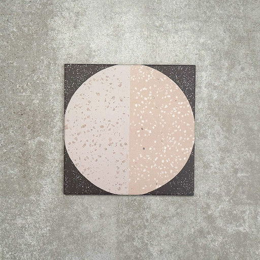 Eclipse Lunar 20x20cm terrazzo-style patterned tiles featuring circular geometric detailing with speckled stone-inspired texture, designed to create bold statement walls and contemporary patterned floor interiors.