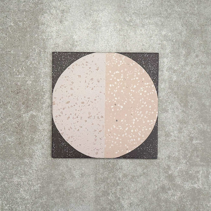 Eclipse Lunar 20x20cm terrazzo-style patterned tiles featuring circular geometric detailing with speckled stone-inspired texture, designed to create bold statement walls and contemporary patterned floor interiors.