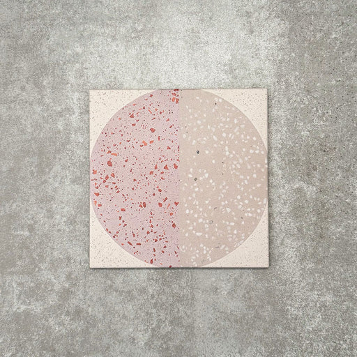 Eclipse Rosa 20x20cm terrazzo-style decor tiles featuring a soft geometric circle design in blush pink and warm neutral tones, creating a playful yet contemporary patterned floor or wall finish.
