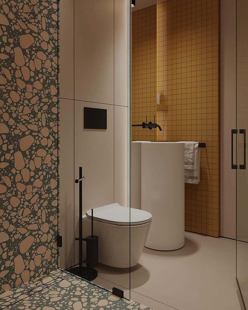 Bathroom featuring Etna Marfil Matt Porcelain 60cm x 120cm wall and floor tiles, paired with Melody POP Terrazzo Green feature tiles, mustard square wall tiles, black fittings and a minimalist contemporary design.