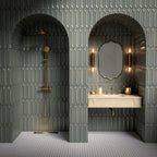 Bathroom featuring Fayrouz Black & White Basketweave Mosaic 32.5x32.5cm honed natural marble floor tiles, paired with fluted green wall tiles, brass fittings, arched shower alcoves and a luxurious boutique-inspired design.