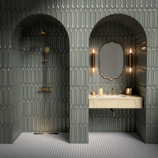 Bathroom featuring Fayrouz Black & White Basketweave Mosaic 32.5x32.5cm honed natural marble floor tiles, paired with fluted green wall tiles, brass fittings, arched shower alcoves and a luxurious boutique-inspired design.