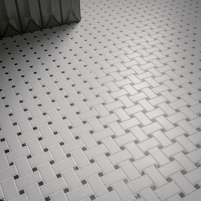 Bathroom featuring Fayrouz Black & White Basketweave Mosaic 32.5x32.5cm honed natural marble floor tiles, paired with fluted green wall tiles, brass fittings, arched shower alcoves and a luxurious boutique-inspired design.