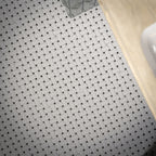 Bathroom featuring Fayrouz Black & White Basketweave Mosaic 32.5x32.5cm honed natural marble floor tiles, paired with fluted green wall tiles, brass fittings, arched shower alcoves and a luxurious boutique-inspired design.
