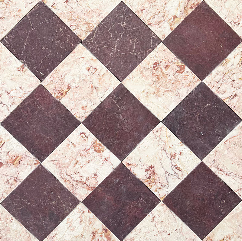 ayrouz Burgundy Red Tumbled Finish natural marble 15.2cm x 15.2cm tiles laid in a diagonal chequerboard pattern with Fayrouz Sylvester Pink marble, highlighting rich natural veining, tonal variation and timeless character.