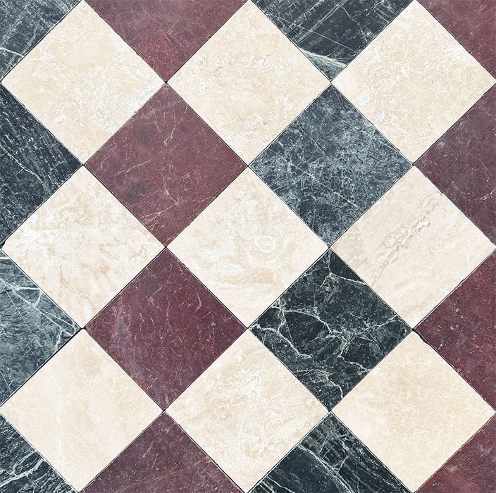 Diamond pattern featuring Fayrouz Burgundy Red Tumbled Finish Natural Marble 15.2cm x 15.2cm tiles paired with Verde and Cappuccino natural marble, creating a timeless three-colour marble floor with rich burgundy tones and classic elegance.