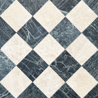Fayrouz Latte Foam Tumbled Finish natural marble 15.2cm x 15.2cm tiles laid in a diagonal chequerboard pattern with Fayrouz Verde marble, highlighting natural veining, tonal variation and timeless elegance.