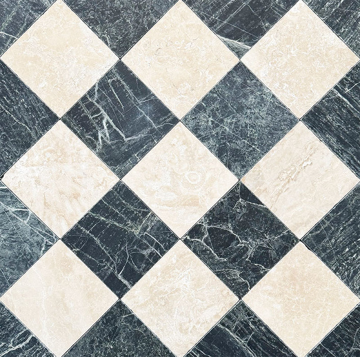 Fayrouz Latte Foam Tumbled Finish natural marble 15.2cm x 15.2cm tiles laid in a diagonal chequerboard pattern with Fayrouz Verde marble, highlighting natural veining, tonal variation and timeless elegance.