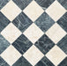 Fayrouz Latte Foam Tumbled Finish natural marble 15.2cm x 15.2cm tiles laid in a diagonal chequerboard pattern with Fayrouz Verde marble, highlighting natural veining, tonal variation and timeless elegance.