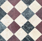Diamond pattern featuring Fayrouz Latte Foam Tumbled Finish Natural Marble 15.2cm x 15.2cm tiles paired with Verde and Burgundy Red natural marble, creating a timeless three-colour marble floor with warm cream tones and elegant character.
