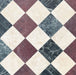 Diamond pattern featuring Fayrouz Latte Foam Tumbled Finish Natural Marble 15.2cm x 15.2cm tiles paired with Verde and Burgundy Red natural marble, creating a timeless three-colour marble floor with warm cream tones and elegant character.