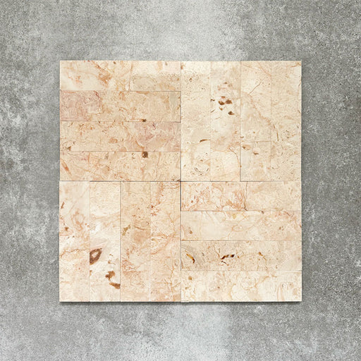 Basketweave tile layout showcasing Fayrouz Sylvester Pink 5cm x 20cm honed natural marble tiles, featuring soft pink, cream and beige tones with natural veining, perfect for elegant walls and decorative floors.