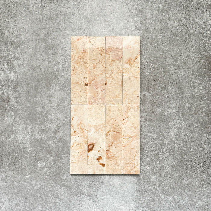 Vertical layout showcasing Fayrouz Sylvester Pink 5cm x 20cm honed natural marble tiles, featuring soft pink, cream and beige tones with natural veining, creating a timeless and elegant wall tile design.