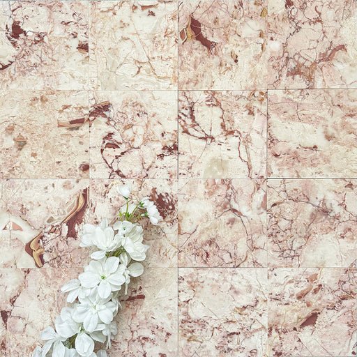 Fayrouz Sylvester Pink honed natural marble tile in a 15.2cm x 15.2cm square format, featuring soft blush pink, cream and warm terracotta veining with natural variation for a luxurious, timeless natural stone finish.