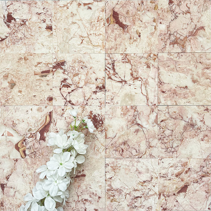 Fayrouz Sylvester Pink honed natural marble tile in a 15.2cm x 15.2cm square format, featuring soft blush pink, cream and warm terracotta veining with natural variation for a luxurious, timeless natural stone finish.