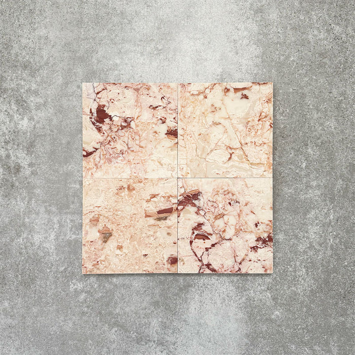 Fayrouz Sylvester Pink honed natural marble tile in a 15.2cm x 15.2cm square format, featuring soft blush pink, cream and warm terracotta veining with natural variation for a luxurious, timeless natural stone finish.