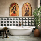 Bathroom featuring Fayrouz White tumbled natural marble tiles paired with Fayrouz Verde tumbled natural marble in a classic diamond pattern, creating a striking feature wall behind a freestanding bath with brass fixtures and warm Mediterranean-inspired décor.