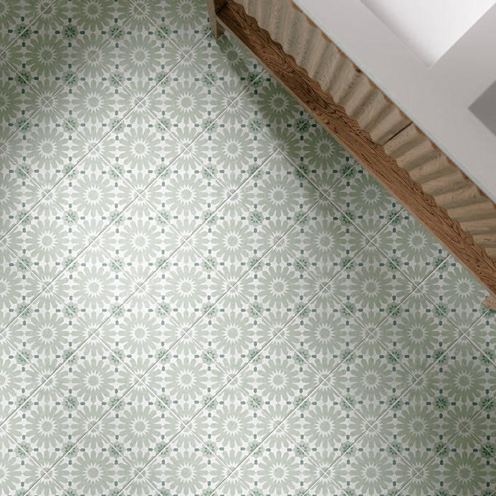 Fez Jade Green 20cm x 20cm Moroccan style floor tiles, featuring an intricate repeating pattern in soft jade green and white, paired with a warm natural wood vanity for a fresh, decorative finish.