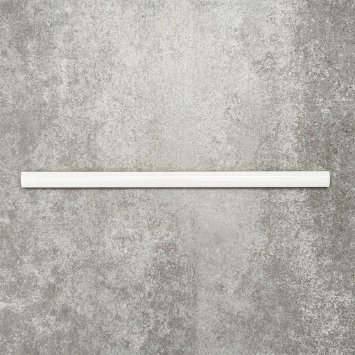 Foundry Arctic White 1.5x30cm gloss pencil bullnose border tile with a handcrafted-style finish and soft white glaze, designed for decorative edging, borders, and finishing details in contemporary wall tile installations.