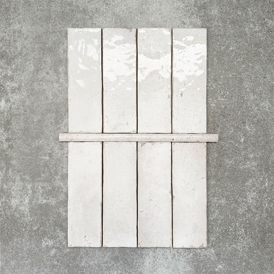 Foundry Chalk White 1.5x30cm gloss pencil bullnose border tile featuring a handcrafted-style finish with soft tonal variation, designed for decorative edging and refined finishing details in contemporary wall tile installations.